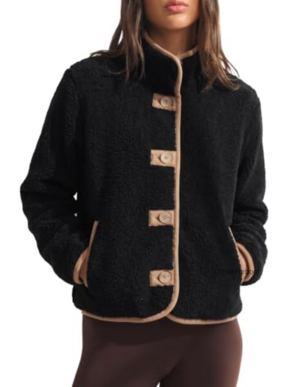 Womens Fleece Sherpa Jacket Button Down Fuzzy Mockneck Long Sleeve Outerwear